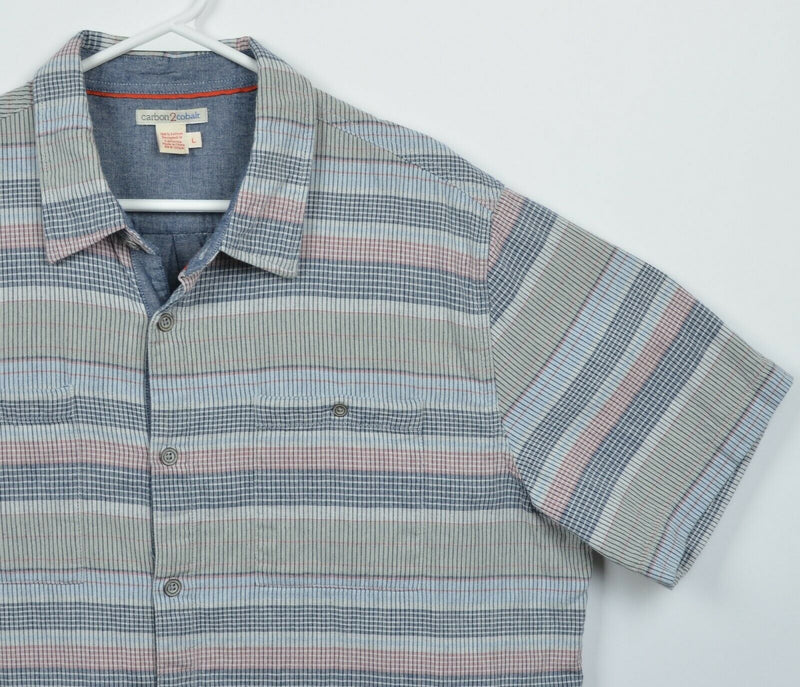 Carbon 2 Cobalt Men's Large Multi-Color Striped Gray Blue Red Button-Front Shirt