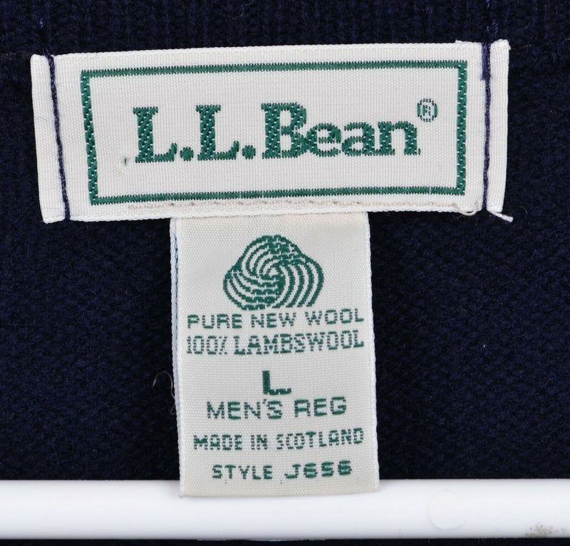 Vtg LL Bean Men's Sz Large Lambswool V-Neck Navy Blue Scotland Pullover Sweater