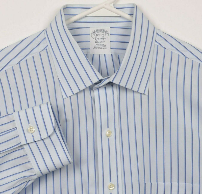 Brooks Brothers Men's 16.5-32 Classic Non-Iron White Blue Striped Dress Shirt