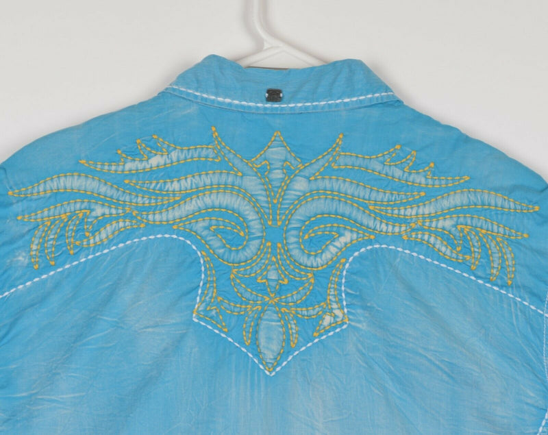 Roar Signature Men's Large Embroidered Blue Yellow Tribal Button-Front Shirt