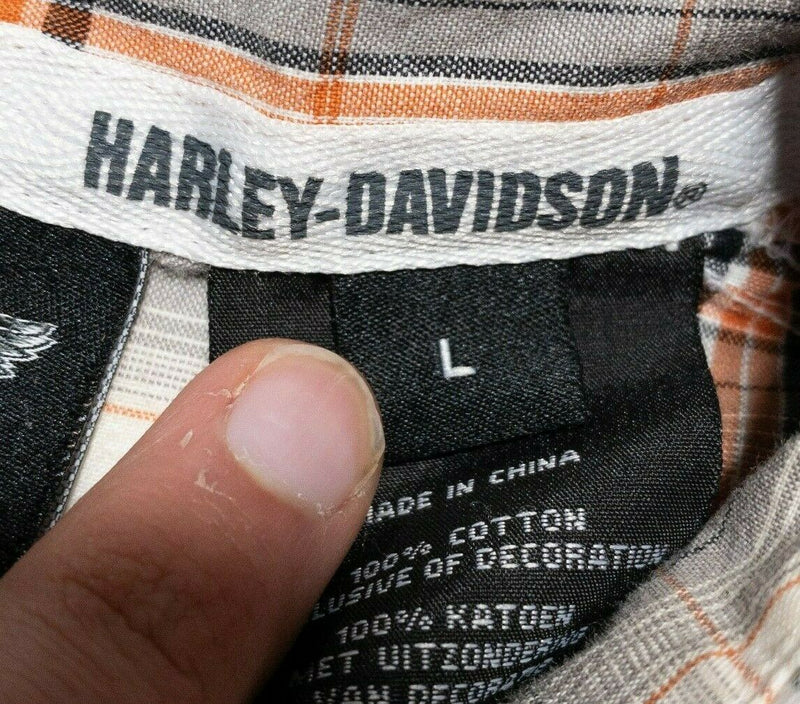 Harley-Davidson Shirt Men's Large Snap-Front Plaid Orange Garage Mechanic Biker