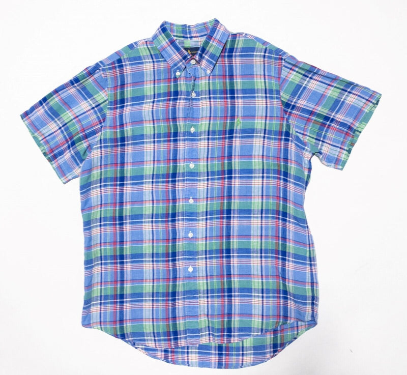 Polo Ralph Lauren Linen Shirt Large Men's Plaid Blue Colorful Button-Down