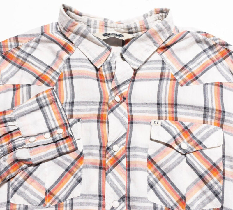Salt Valley Western Pearl Snap Shirt Men's XL Orange White Plaid Rockabilly