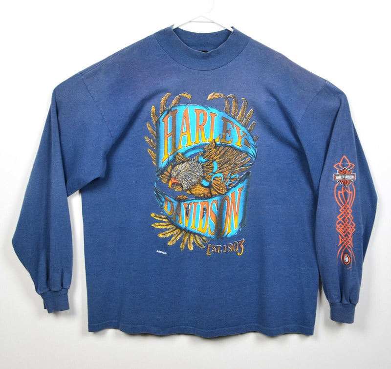 Vintage 90s Harley-Davidson Men's XL Eagle Tribal Logo Blue Long Sleeve T-Shirt