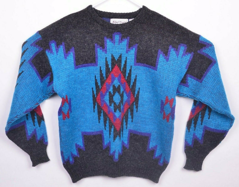 Vintage 80s Michael Gerald Men's Large Aztec Wool Blend Blue Pullover Sweater