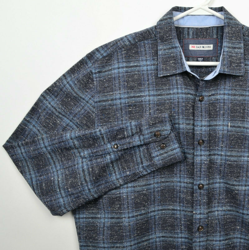32 Bar Blues Men's Large Cotton Silk Wool Blend Gray Blue Plaid Flannel Shirt