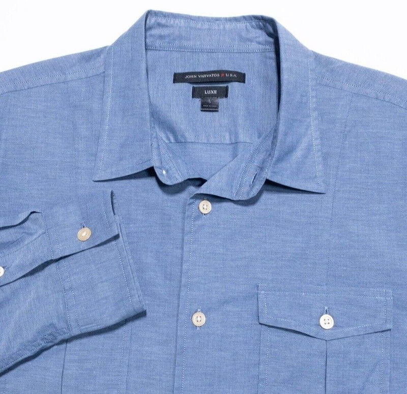 John Varvatos Luxe Shirt Large Men's Long Sleeve Blue Pockets Cotton Blend