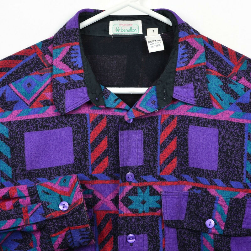 Benetton Men's Large Purple Pink Geometric Aztec Vintage USA Button-Front Shirt