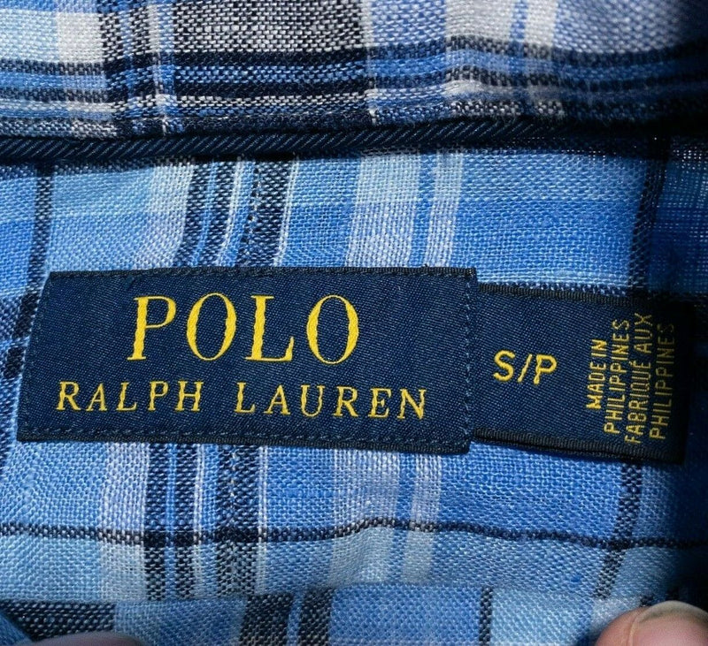 Polo Ralph Lauren Linen Shirt Blue Plaid Spread Collar Long Sleeve Men's Small