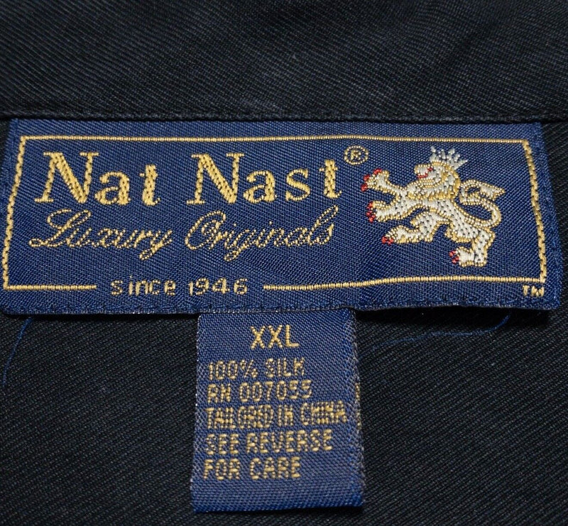 Nat Nast Silk Shirt 2XL Men's Hawaiian Bowling Camp Loop Collar Navy Blue Black