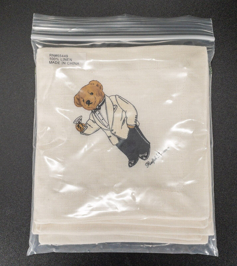 Polo Bear Ralph Lauren Tuxedo Cocktail Napkin Set Linen Set of 10 Vintage