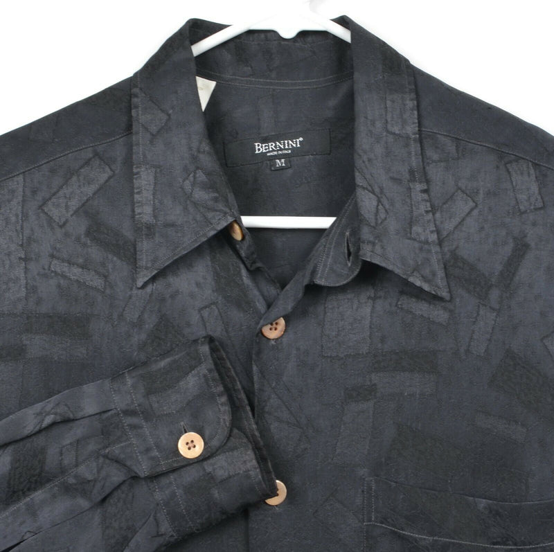 Bernini Men's Sz Medium Black Silk Style Geometric Shiny Textured Camp Shirt