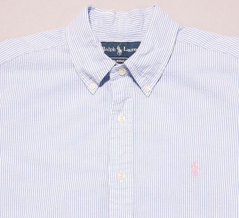 Polo Ralph Lauren Seersucker Shirt Medium Classic Fit Men's Blue White Striped