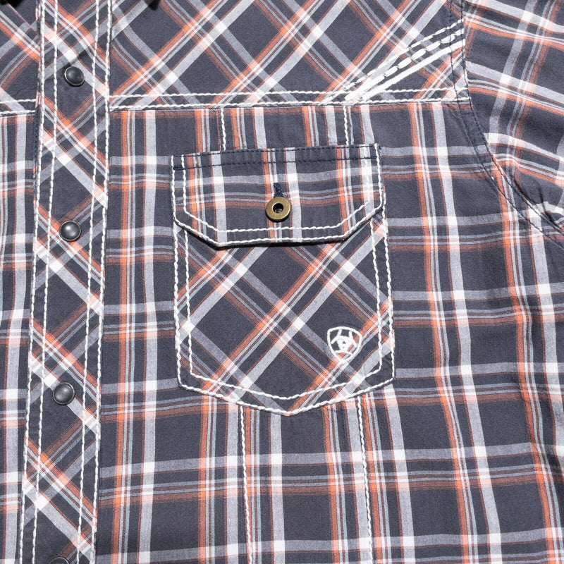 Ariat Pearl Snap Shirt Men's XL Retro Fit Plaid Western Rockabilly Gray Orange