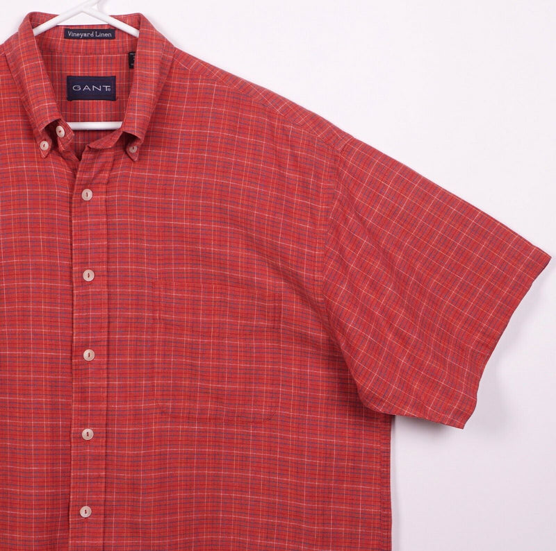 GANT Men's Large Vineyard Linen Blend Red Check Short Sleeve Button-Down Shirt