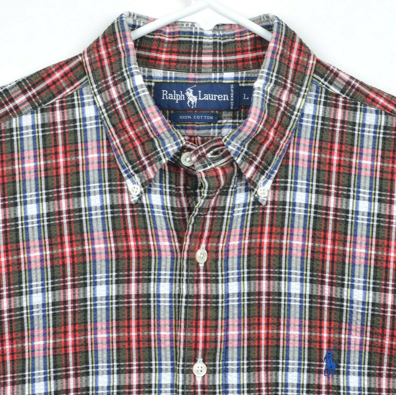 Polo Ralph Lauren Men's Sz Large Seersucker Red Green Plaid Short Sleeve Shirt