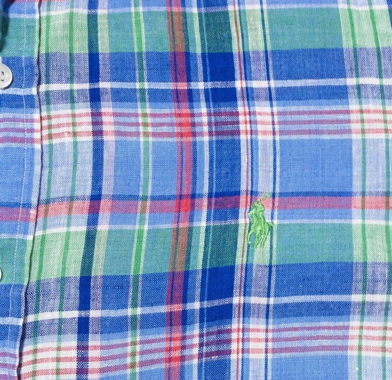 Polo Ralph Lauren Linen Shirt Large Men's Plaid Blue Colorful Button-Down