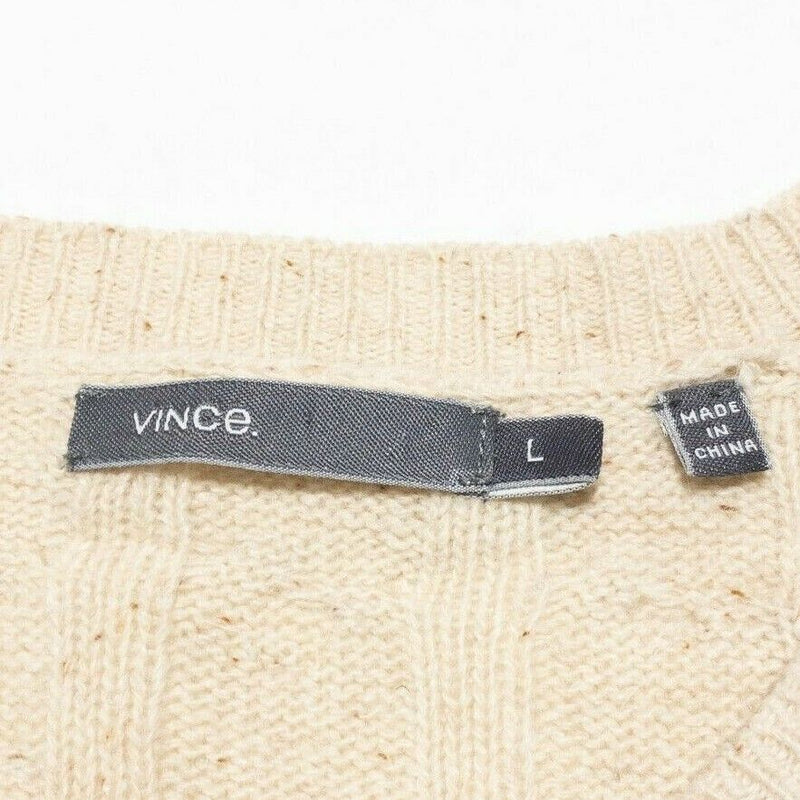 VINCE. Sweater Men's Large Wool Blend Cable-Knit Cream Striped V-Neck Pullover