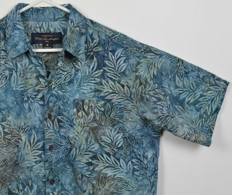 Pete Huntington Men's Medium Floral Leaf Blue Green Button-Front Hawaiian Shirt