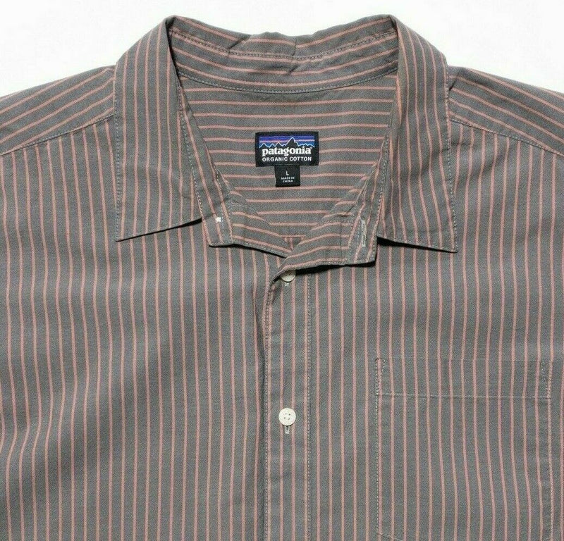 Patagonia Fezzman Shirt Large Men's Short Sleeve Button-Front Gray Pink Striped