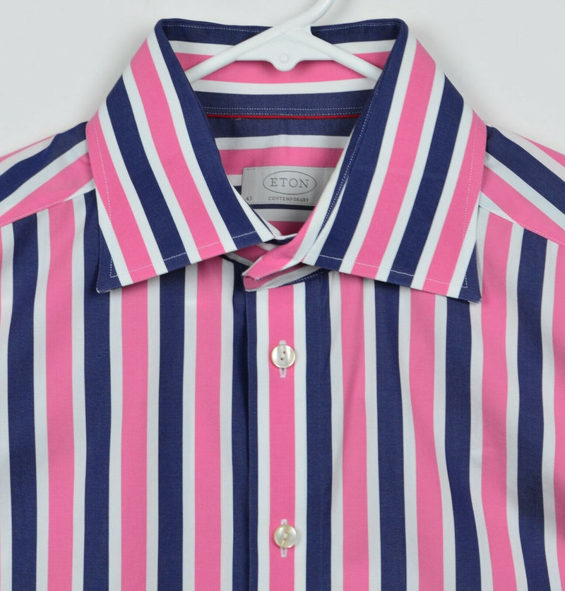Eton Contemporary Men's Sz 17 Pink Navy Blue Striped Spread Collar Dress Shirt