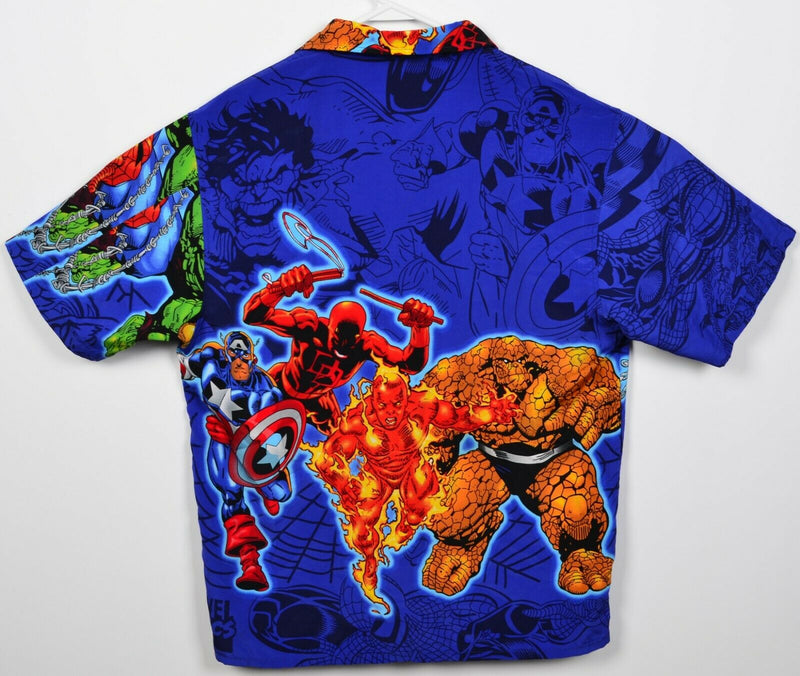 Vintage Marvel Comics Men's Large Spider-Man Hulk Blue Y2K Polyester Camp Shirt