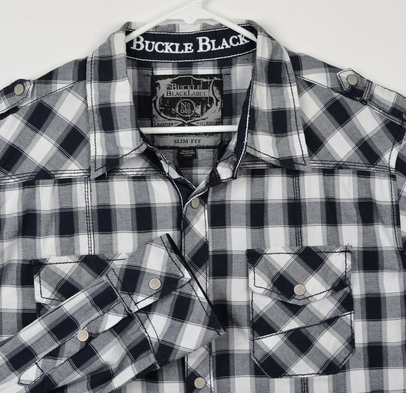 Buckle Black Men's Sz XL Slim Fit Snap Front White Black Plaid Rockabilly Shirt