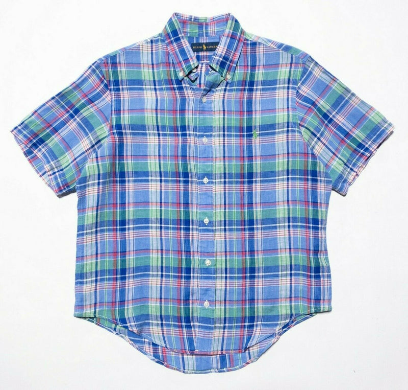 Polo Ralph Lauren Linen Shirt Medium Men's Colorful Plaid Blue Red Short Sleeve