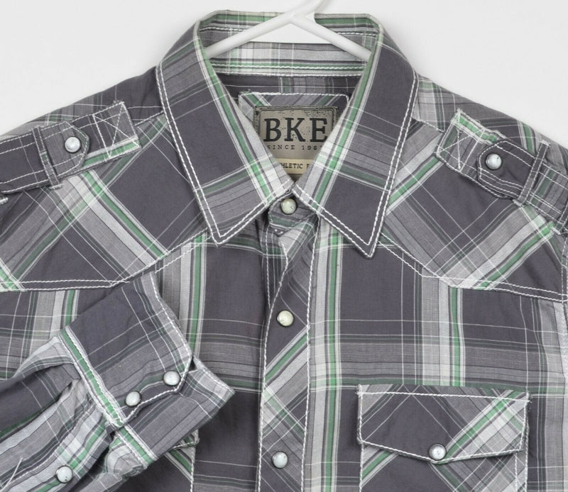 BKE Buckle Men's Medium Athletic Fit Pearl Snap Gray Green Plaid Shirt