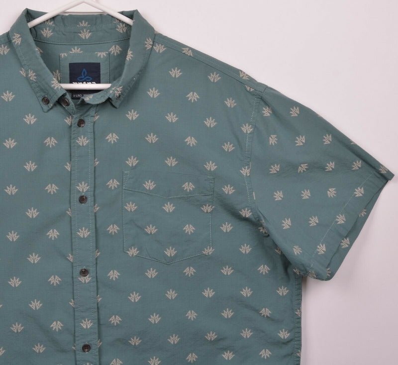 Prana Men's XL Green Geometric Organic Cotton Poly Blend Button-Front Shirt