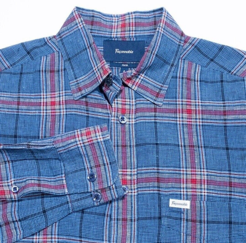 Faconnable Linen Shirt Small Men's Club Blue Red Plaid Long Sleeve Button-Front