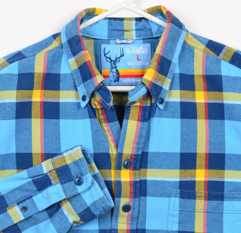 Chubbies The Nutter Men's Large Blue Plaid Flannel USA Made Button-Down Shirt
