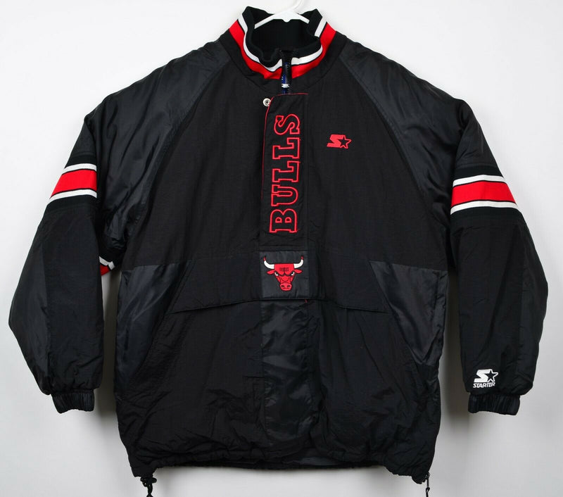 Vtg 90s Chicago Bulls Men's Large Black Red Starter Half Zip NBA Puffer Jacket