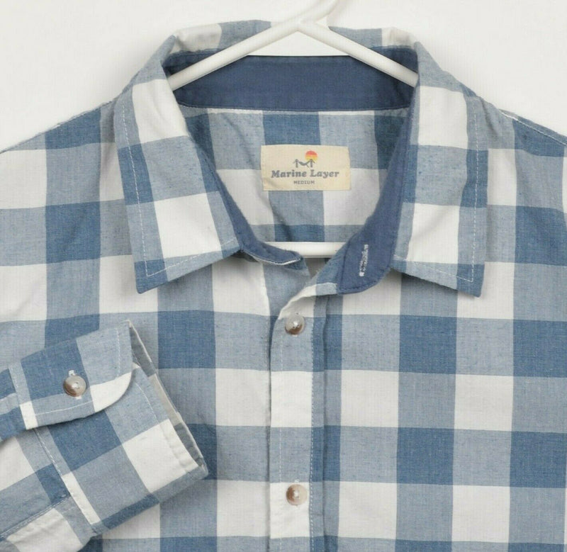 Marine Layer Men's Medium Blue White Check Cotton Poly Blend Button-Front Shirt