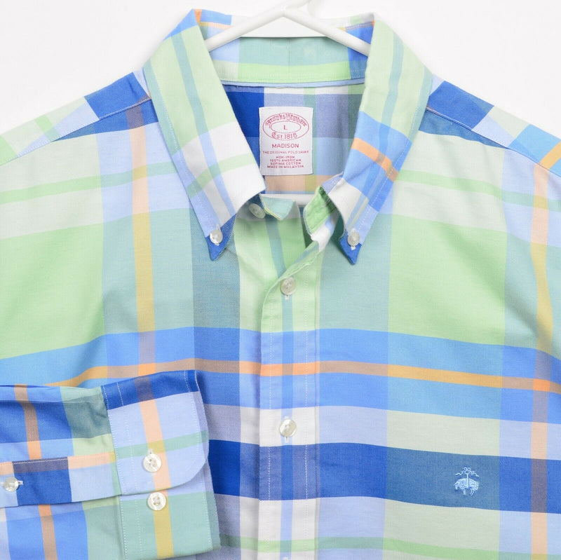 Brooks Brothers Men's Large Green Blue Plaid Non-Iron Madison Button-Down Shirt