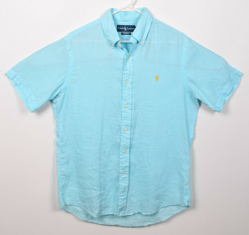 Polo Ralph Lauren Men's Medium 100% Linen Solid Aqua Blue Button-Down Shirt