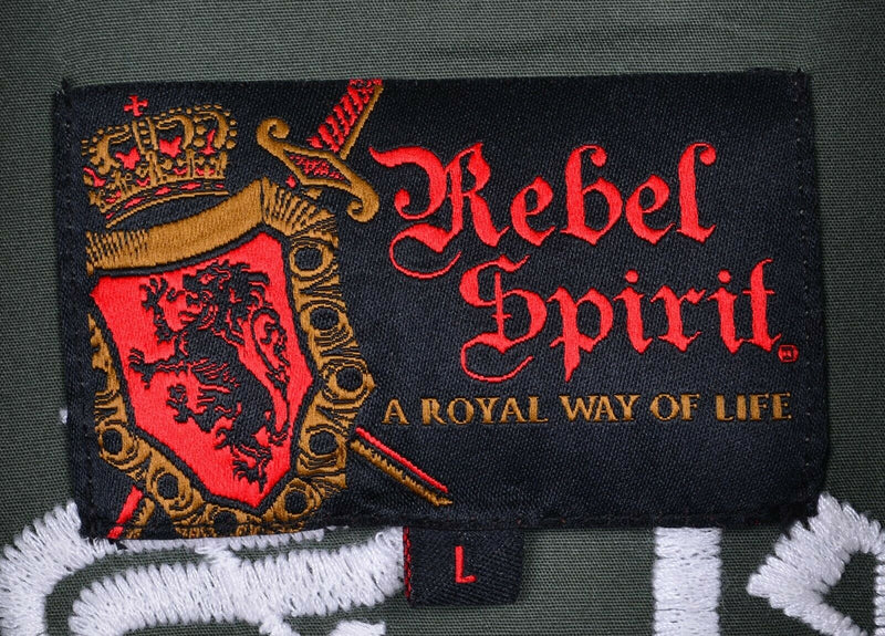 Rebel Spirit Men's Large Skull Flip Cuff Royal Way Embroidered Green Shirt