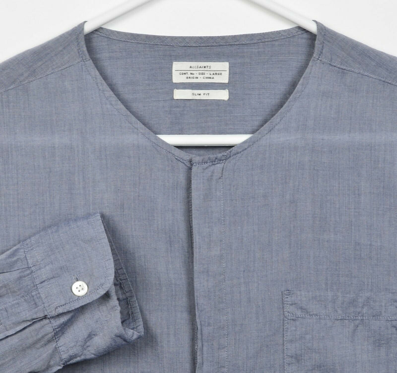 AllSaints Men's Large Slim Fit Blue Band Collar Reserve LS Shirt