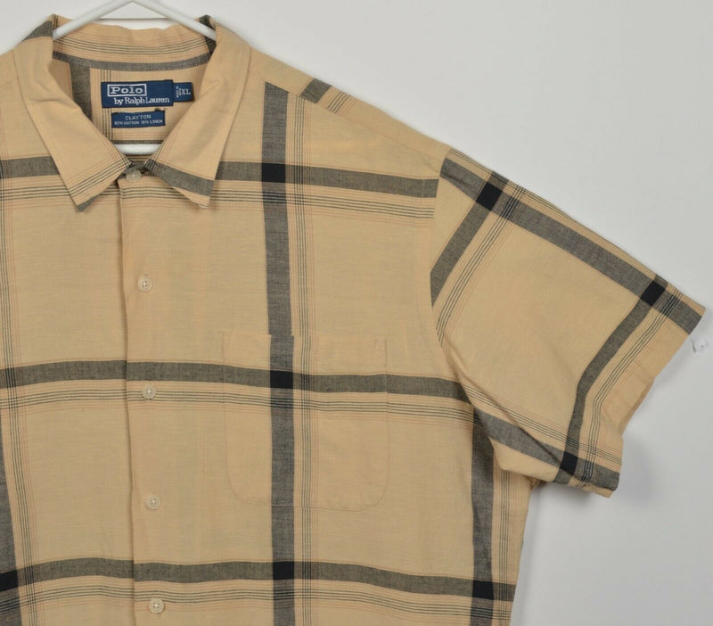 Polo Ralph Lauren Men's XL Cotton Linen Blend Beige Plaid Clayton Camp Shirt