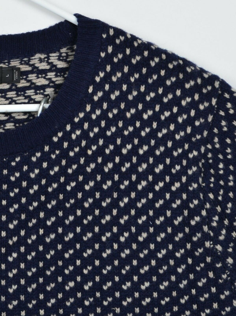 J. Crew Men's Sz Large 100% Lambswool Nordic Fisherman Navy Blue Grid Sweater