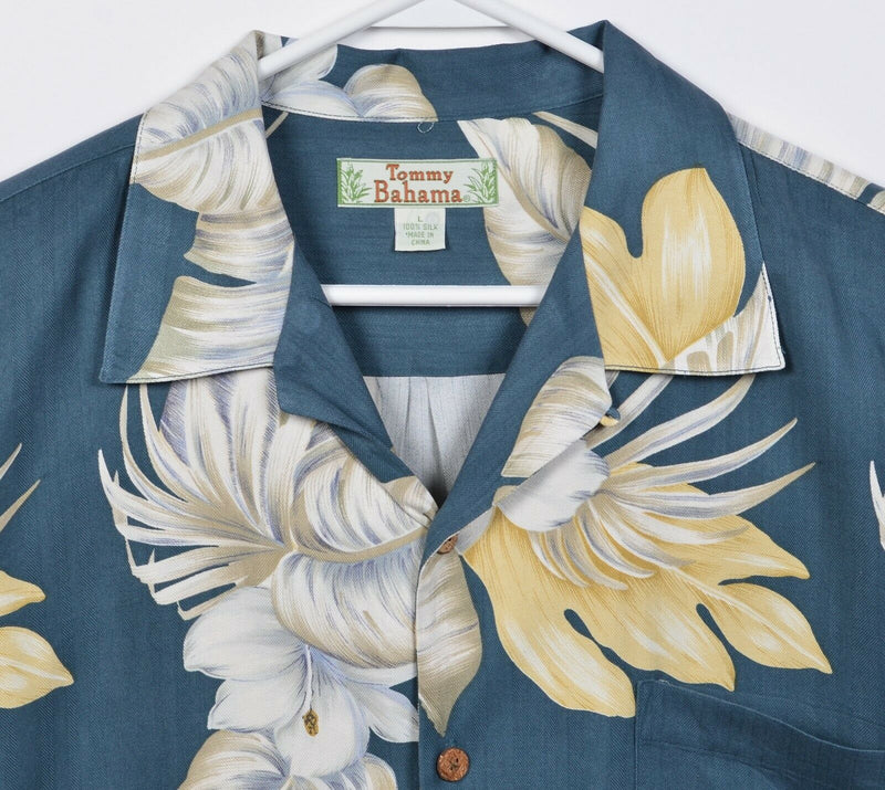 Tommy Bahama Men's Large 100% Silk Floral Green/Blue Hawaiian Aloha Shirt