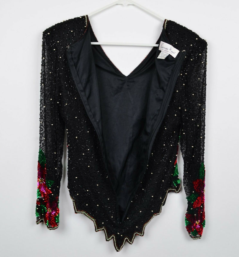 Laurence Kazar Women's Small 100% Silk Beaded Sequins Poinsettias Flowers Shirt