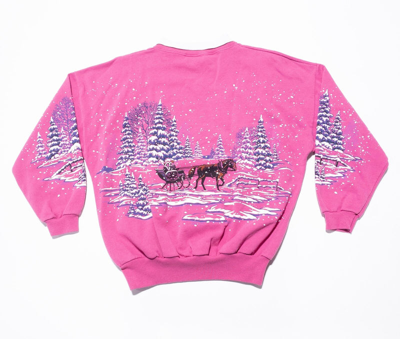 Vintage Winter Sweatshirt Adult Fits XL All Over AOP Lifestyles Puffy Print Pink