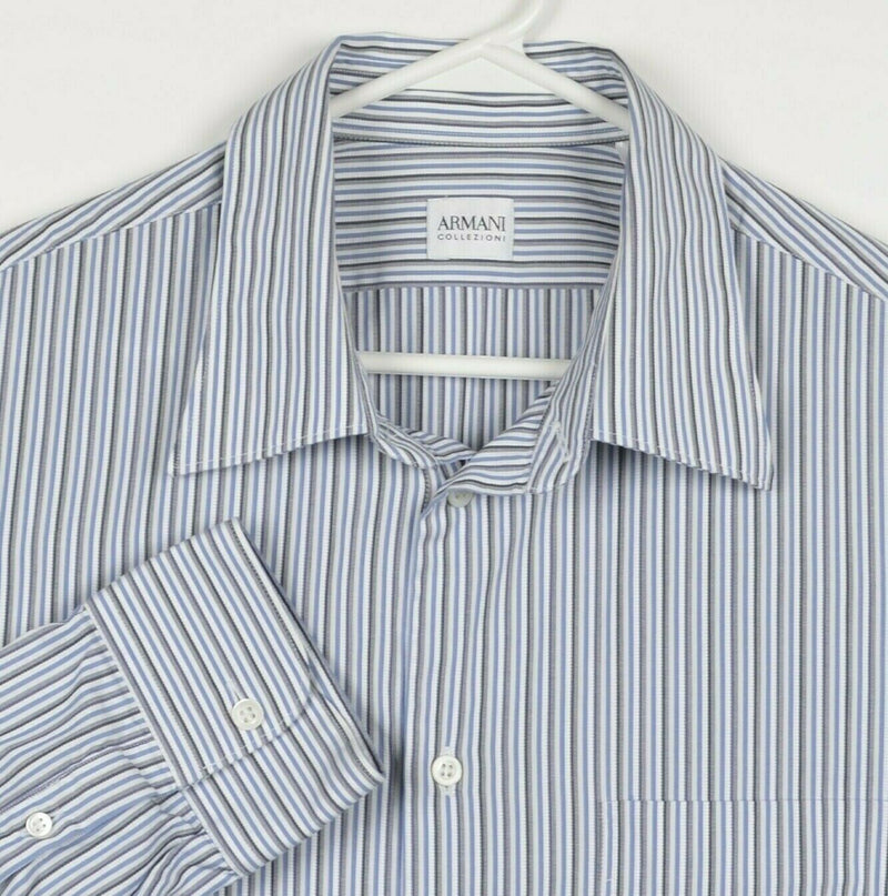 Armani Collezioni Men's XL Blue White Striped Button-Front Designer Shirt