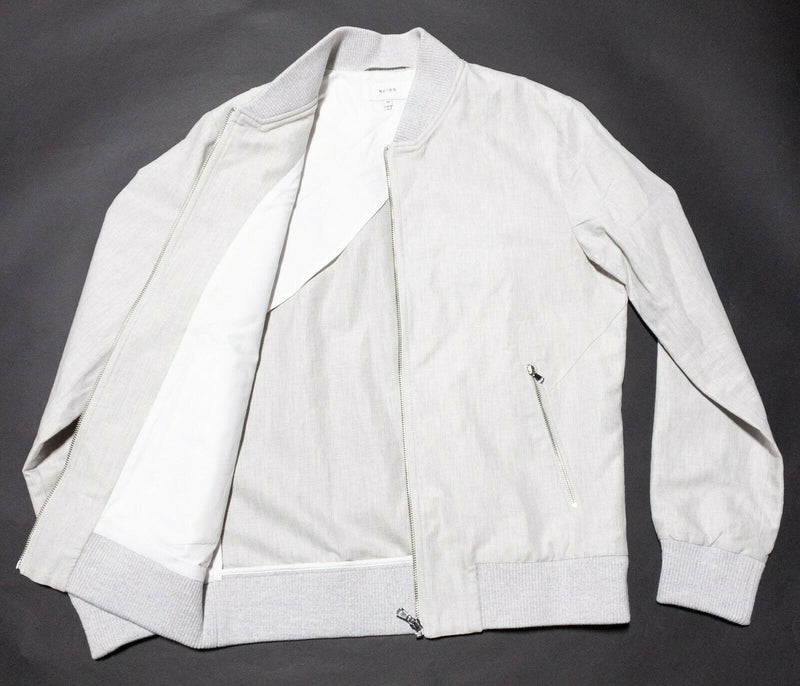 Reiss Linen Blend Bomber Jacket Full Zip Ivory White Men's Medium