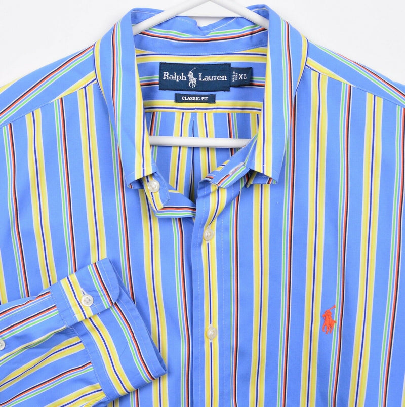 Polo Ralph Lauren Men's XL Classic Fit Blue Yellow Striped Button-Down Shirt