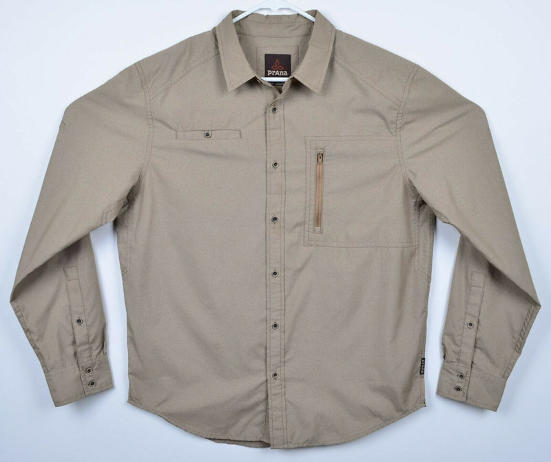 Prana Men's Medium Polyester Nylon Blend Solid Tan/Khaki Long Sleeve Shirt
