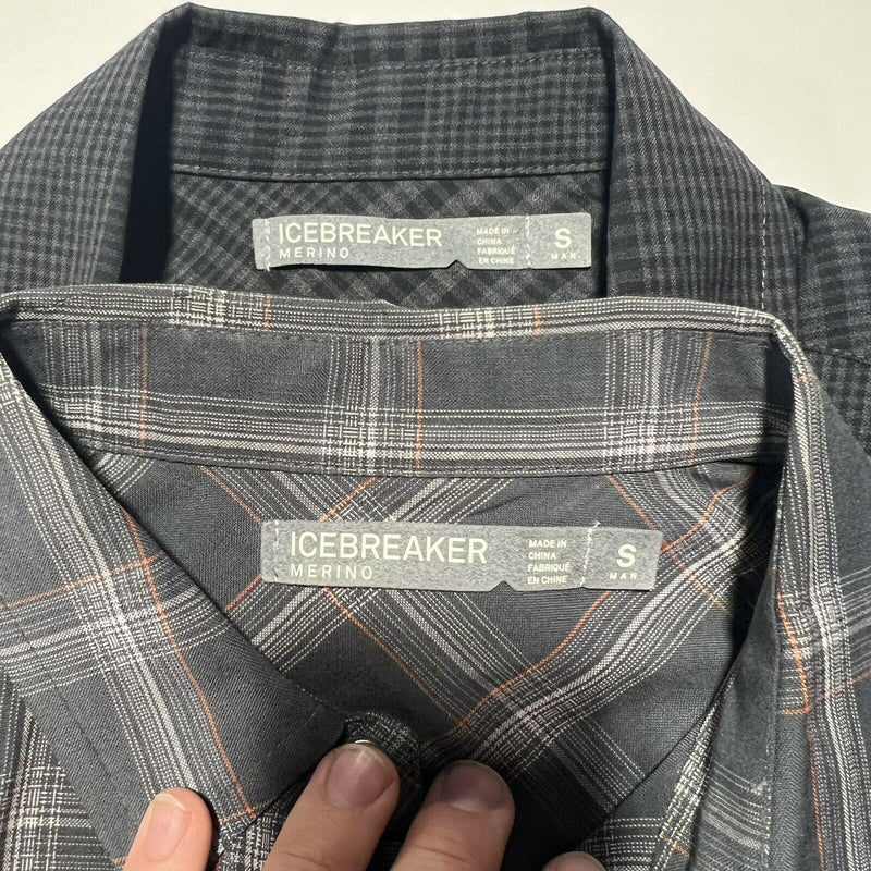 Icebreaker Merino Men's Small Black Gray Plaid Flannel Shirt Lot of 2 HOLES