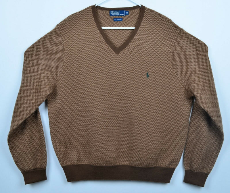 Polo Ralph Lauren Men's Sz XL 100% Lambswool Brown Houndstooth V-Neck Sweater