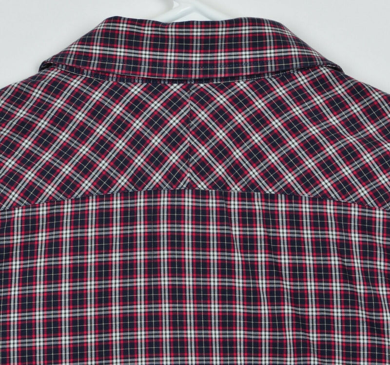 Billy Reid Men's Sz Large Standard Cut Red Navy Tartan Plaid Long Sleeve Shirt